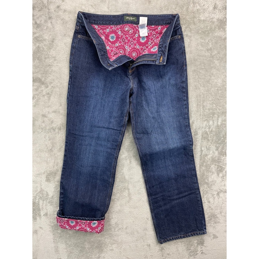 Eddie Bauer Women's Boyfriend Fit Flannel Lined‎ Jeans 14 Blue Dark Wash
